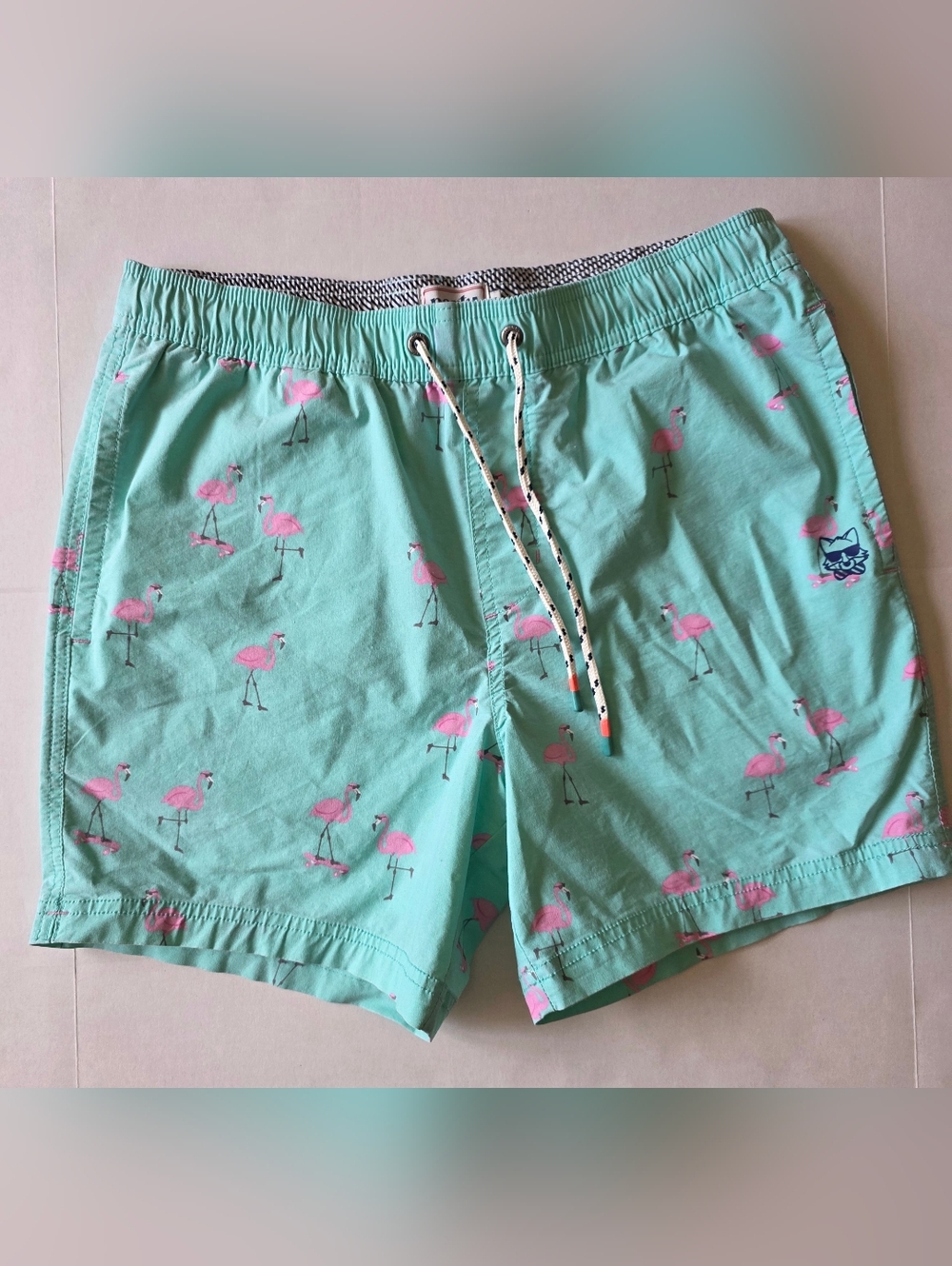 Party Pants Mint Green Flamingo Swim Trunks M Tropical Print Preppy Beach Cruise